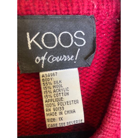 KOOS of Course! Red Open Cardigan Applique Sweater Silk Wool Sz 1X Asian Kimono - Picture 4 of 11